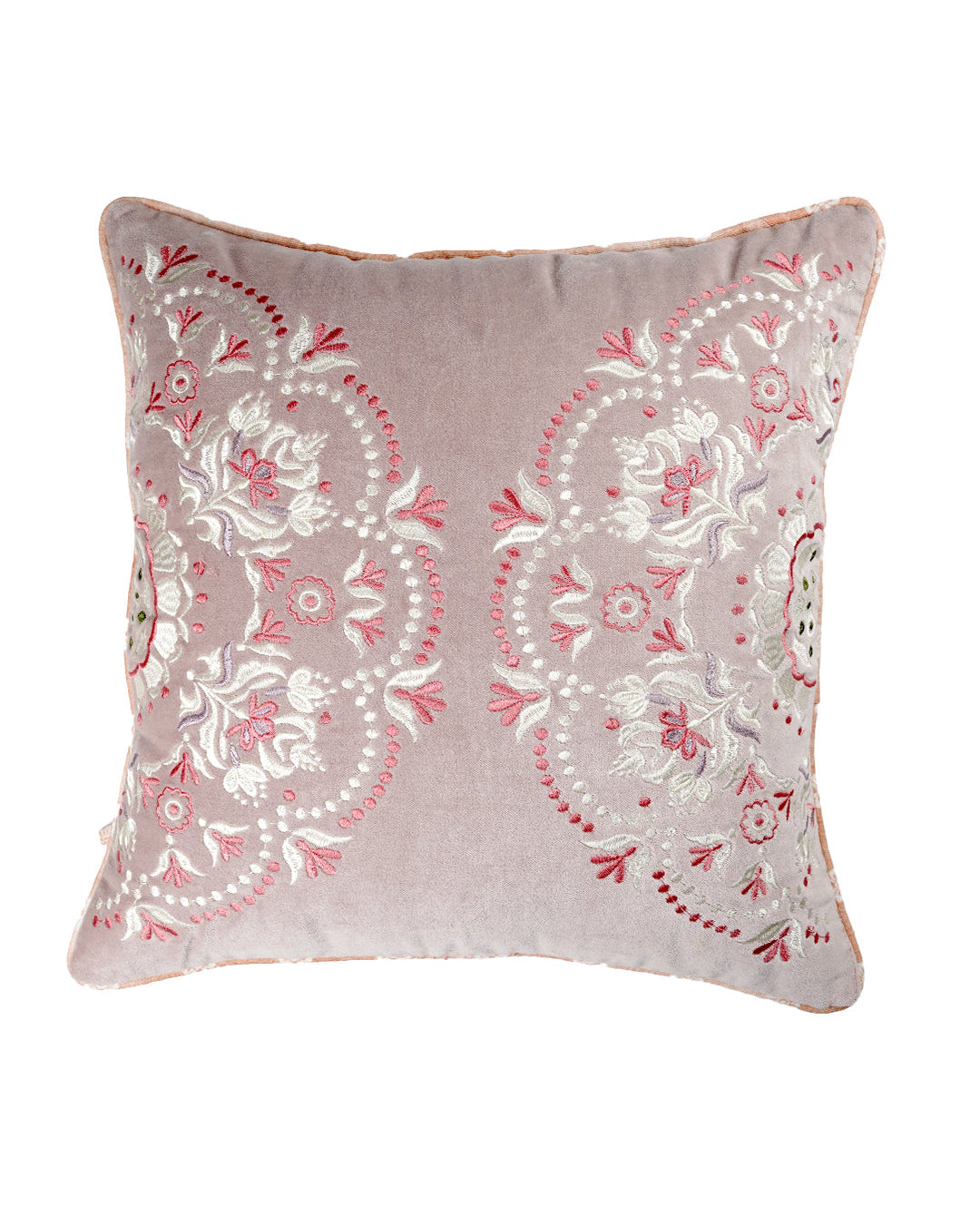 A square-shaped cushion with a velvet fabric featuring a mauve color with a floral embroidery design and a metallic zipper.