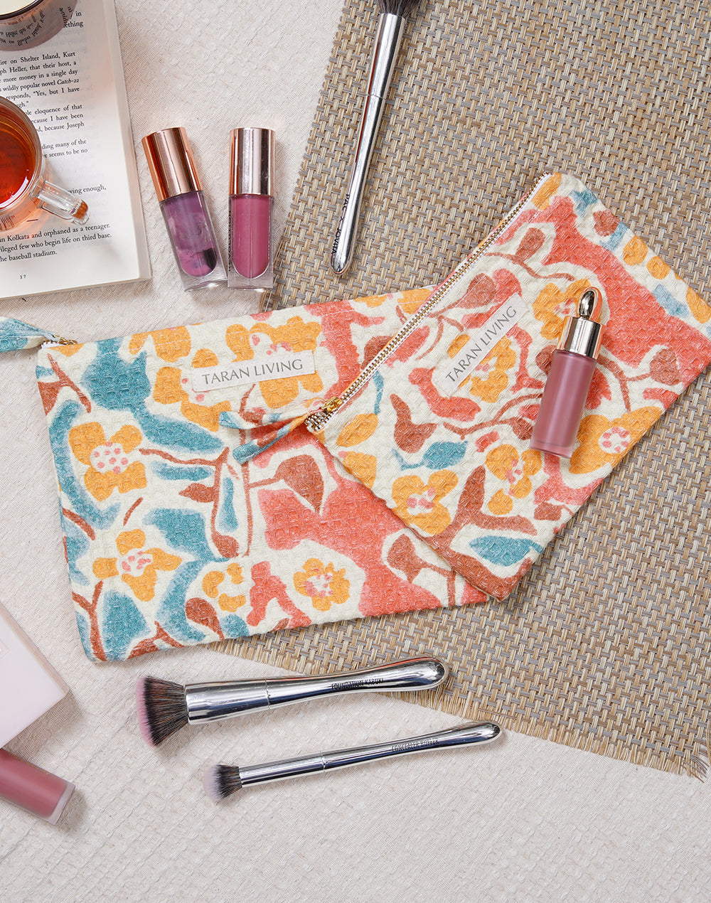 Flower Charm Waffle Pouch With PVC Lining